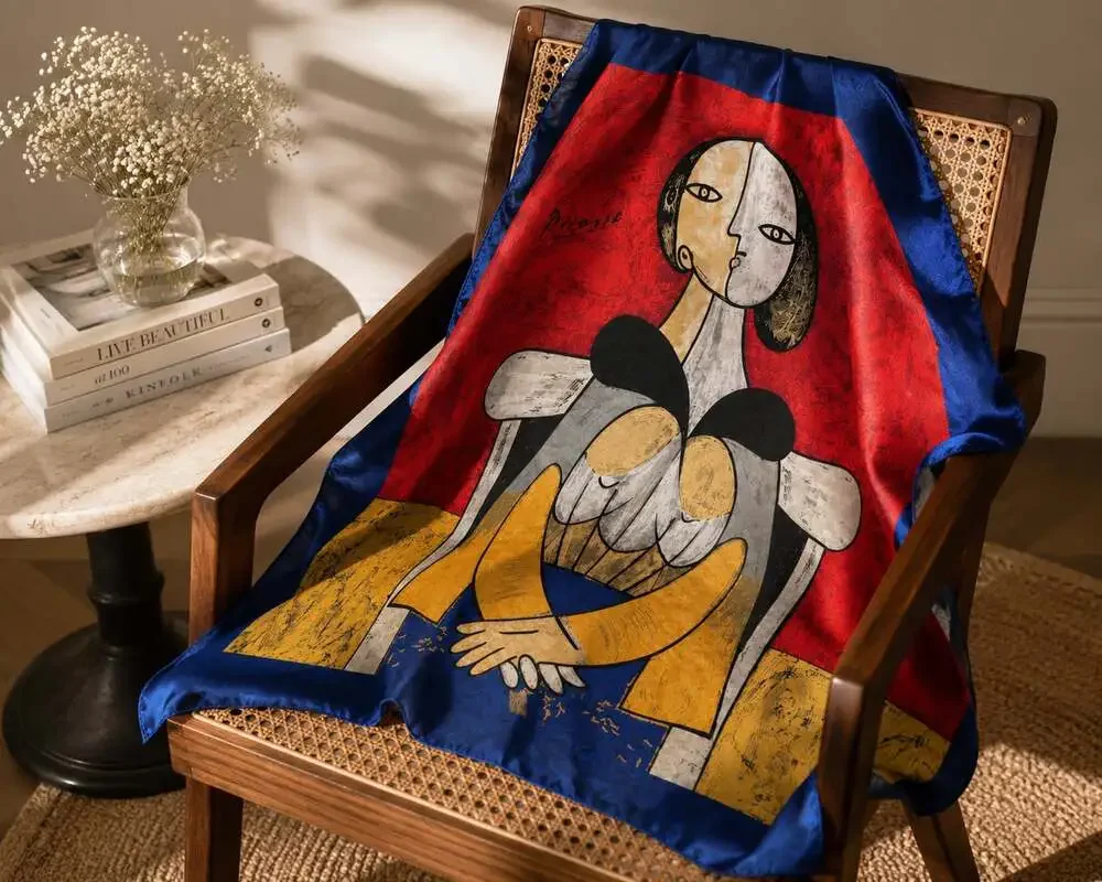 VTG Picasso Inspired Art Print Silk Scarf | Blue Red Square Scarf Wrap